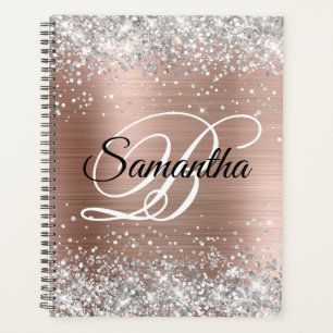 Agenda Rosa Glitter Folha Dourada Monograma Chique