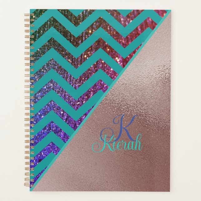 Agenda Rosa Gold Foil Glittery Chevron Teal Green Girly (Frente)