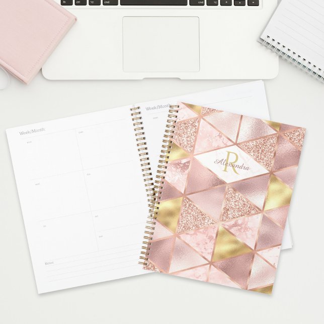 Agenda Rosa Gold Foil Marble Glam Monograma Geométrico (Criador carregado)