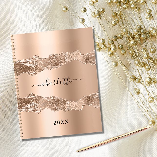Agenda Rosa gold metal agate marble name script 2024 (Criador carregado)