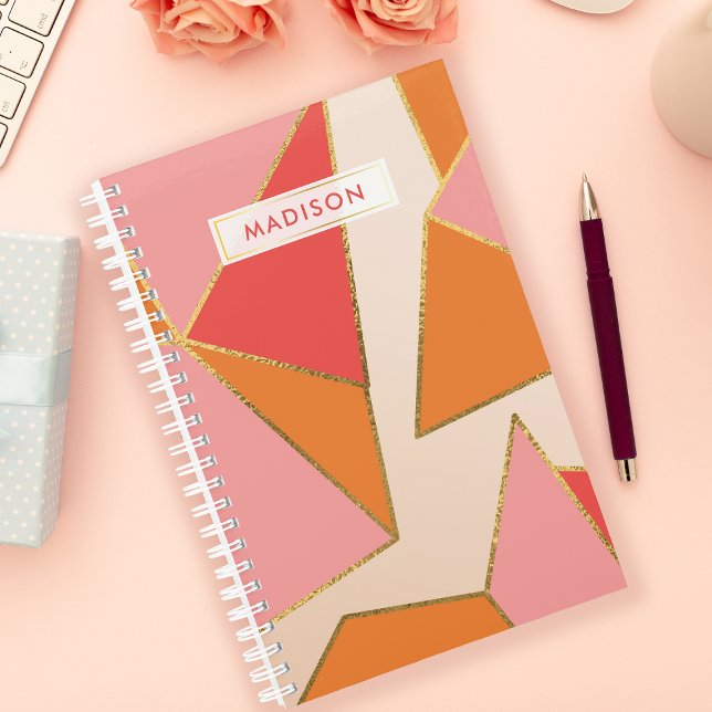 Agenda Rosa Laranja Geométrico Dourado Brilho Personaliza (Criador carregado)