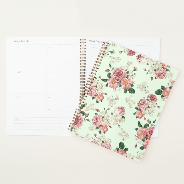 Agenda Rosa na Floral Verde Vintage (Exibição)