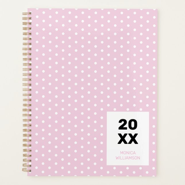 Agenda Rosa Pastel Branco Bolinhas Personalizado (Frente)