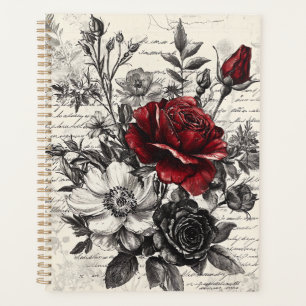 Agenda Rosa Preta Vermelha Flores de Manuscrito Antigo