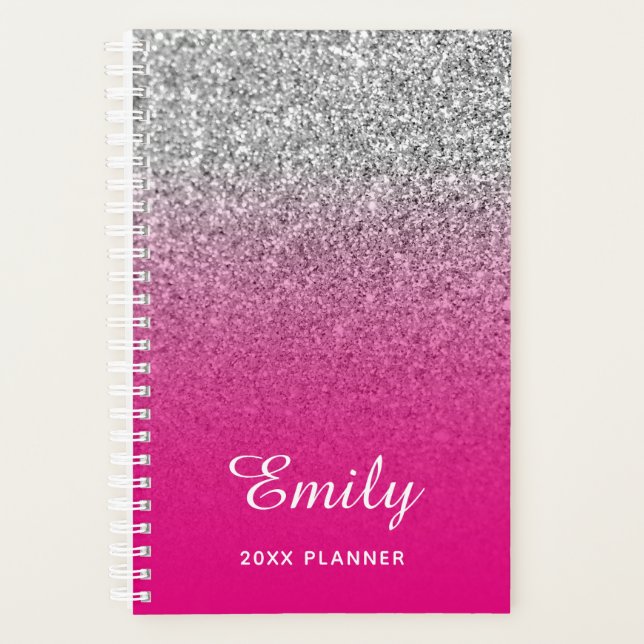Agenda Rosa Quente e Prateado Glitter Ombre Personalizado (Frente)
