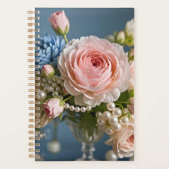 Agenda Rosa rosa delicada com pérolas no vaso (Frente)