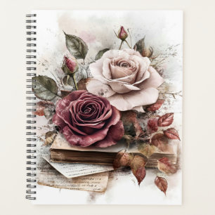 Agenda Rosas cor de vinho e brancas com letras e livros