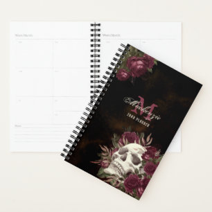 Agenda Rosas Crânio Monograma Nome Borgonha Grunge Escuro