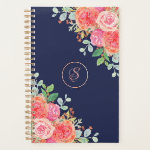 Agenda Rosas De Aquarela Monograma De Glitter De Marinho 