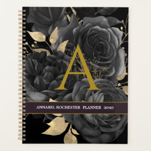 Agenda Rosas Elegantes de Preto e Ouro Monnogramados