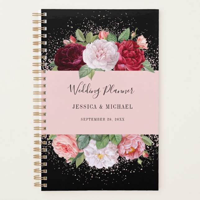 Agenda Rosas Florais Elegantes Casamento Rosa Preto (Frente)