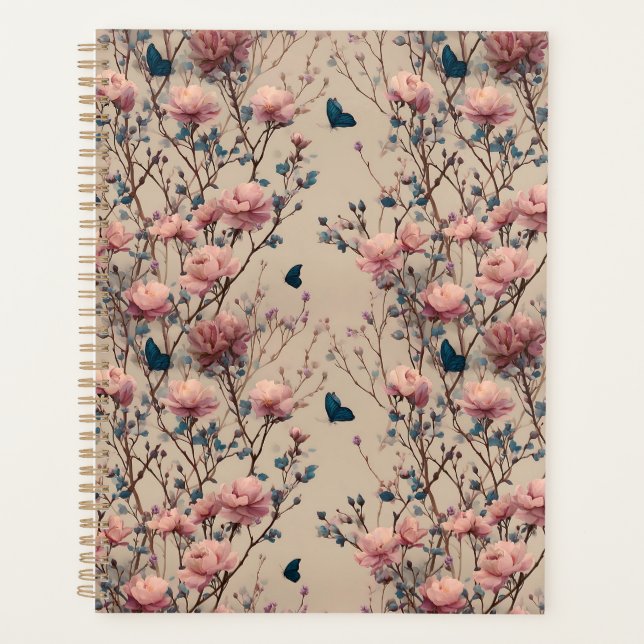 Agenda Rosas Primavera Vintage com Borboletas Azuis (Frente)