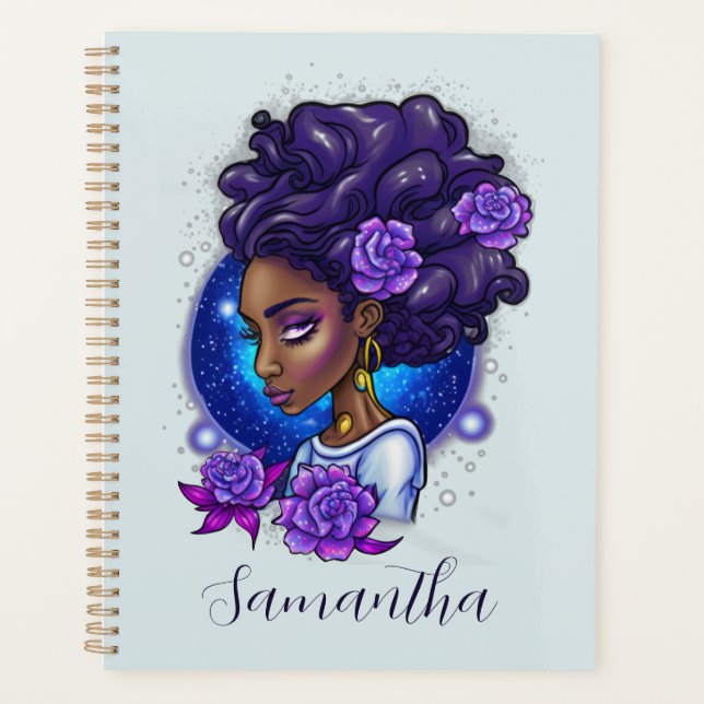Agenda Rosas Roxos Elegantes Afro Mulher (Frente)