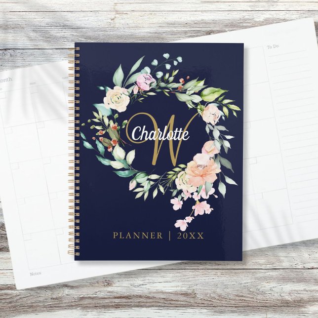 Agenda Rosas Script Floral Monograma Marinho Azul Dourado (Roses Floral Script Monogram Navy Blue Gold Planner)