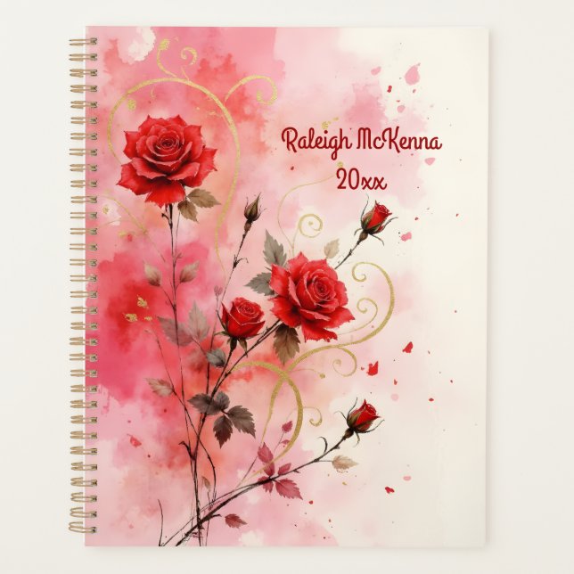 Agenda Rosas Vermelhas com Floreios Dourados Estilo Aquar (Frente)