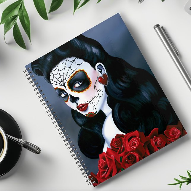Agenda Rosas Vermelhas Elegantes Caveira de Açúcar Gótica (Criador carregado)