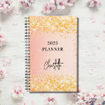 Agenda Roteiro dourado rosa de laranja - glam 2023<br><div class="desc">Um fundo de gradiente laranja e rosa dourado. Decorado com faíscas douradas brilhantes. Personalize e adicione um título e um nome. O nome é escrito com uma escrita moderna,  aparência de assinatura.</div>