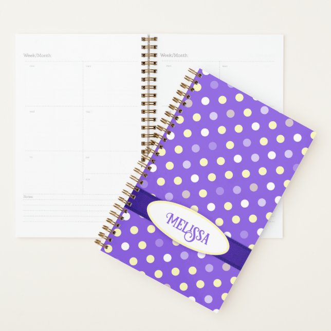 Agenda Roxo amarelo branco bolinhas nome personalizado  (Exibição)