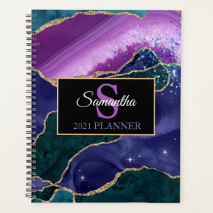 Agenda Roxo Azul Turquesa Dourado Ágata Monograma Moderno