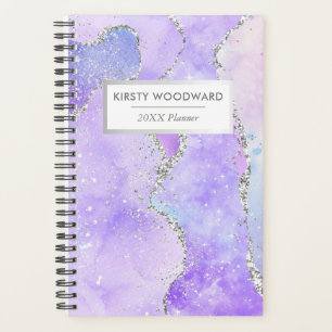 Agenda Roxo Pastel & Branco Ágata Brilho Prata Falso