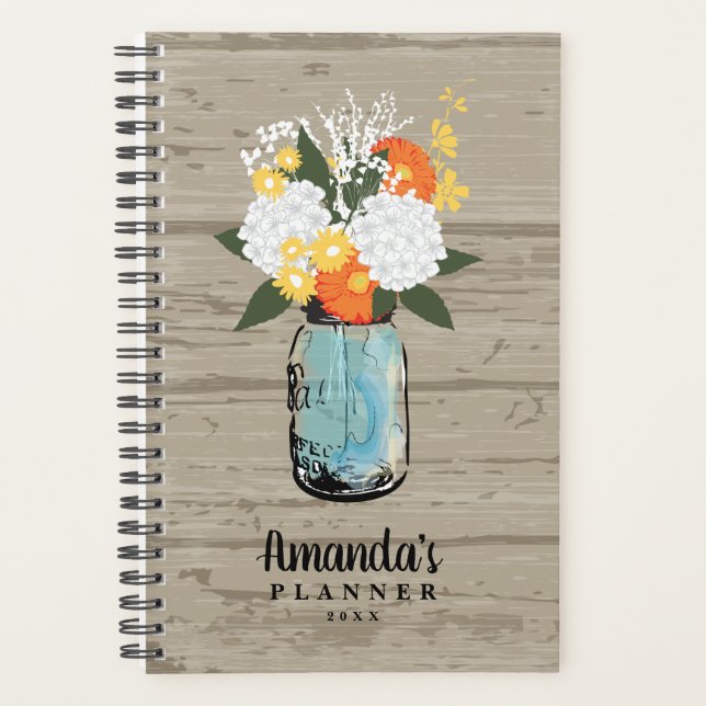 Agenda Rustic Barn Wood Orange Gerber Daisy Mason Jar (Frente)