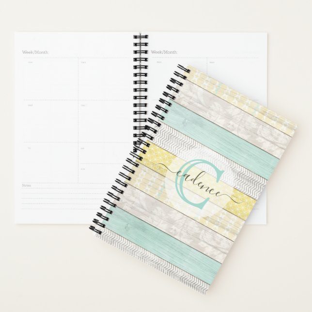 Agenda Rustic Mint & Yellow Boho Geo Modern Personalizado (Exibição)