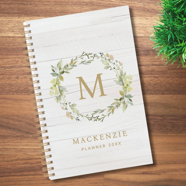 Agenda Rustic Wood Floral Watercolor Monogram (Criador carregado)