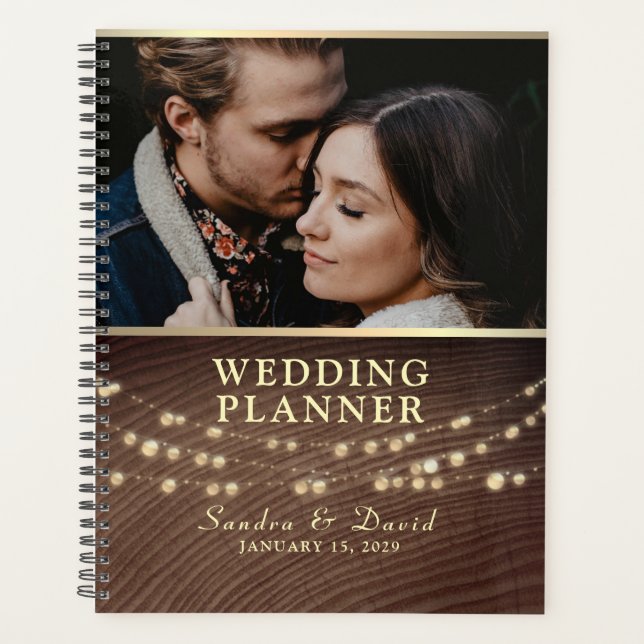 Agenda Rustic Wood String Luzes De Casamento Planner (Frente)