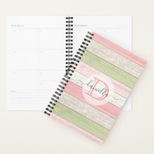 Agenda Sage Russo Verde e Madeira Floral Rosa Personaliza