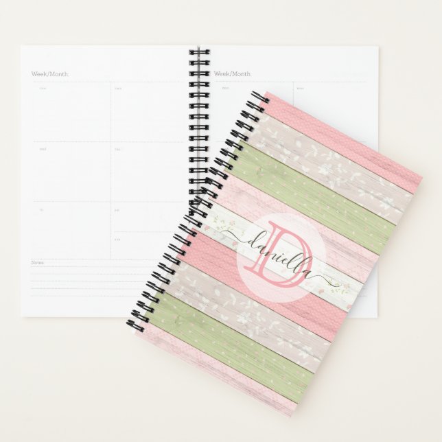 Agenda Sage Russo Verde e Madeira Floral Rosa Personaliza (Exibição)