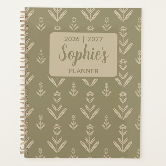 Agenda Sage Verde Simétrico Floral Ano Acadêmico (Frente)