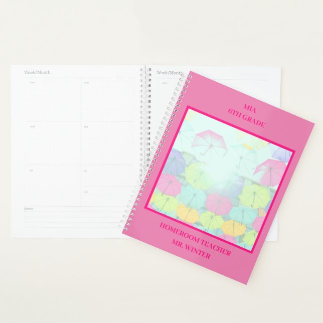 Agenda Sala de aula de Guarda-chuvas Coloridas Rosa (Exibição)