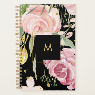 Agenda Sangue de Aquarela   Floral rosa e Dourado a preto