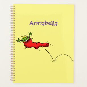 Agenda Sapo bonito em um desenho de salto em meia vermelh