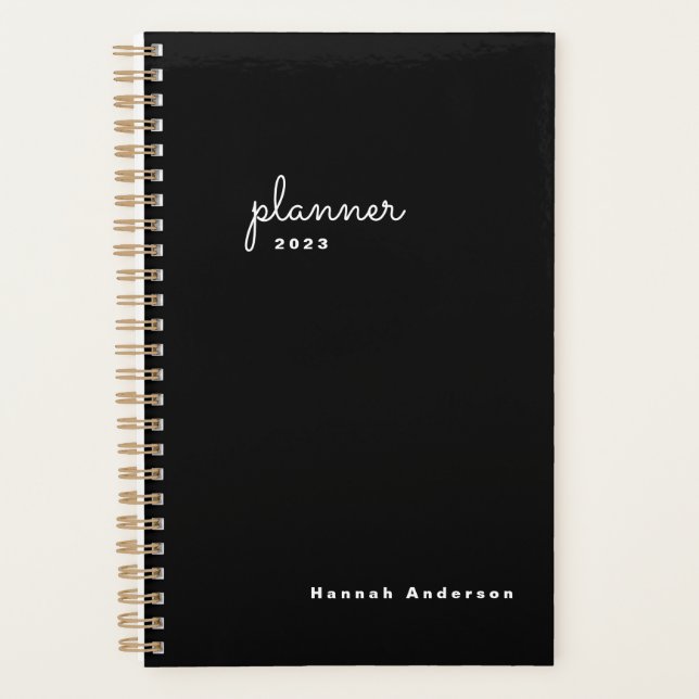 Agenda Script Branco Preto Chic Semanal Mensal Não Datado (Frente)