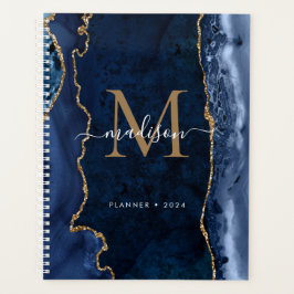 Agenda Script de Monograma de Geodo de Agate Dourado Azul