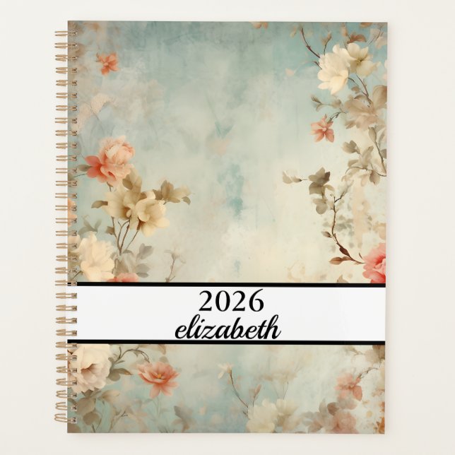 Agenda Script de nome negro e dourado floral (Frente)