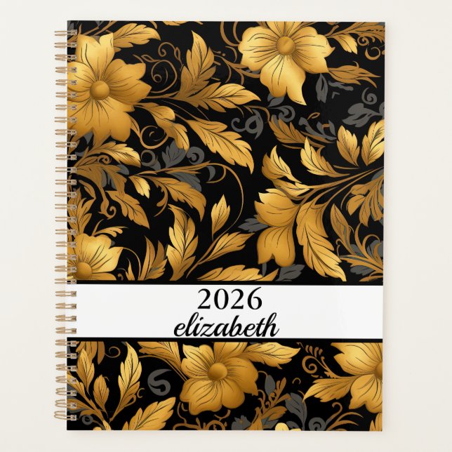 Agenda Script de nome negro e dourado floral (Frente)