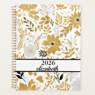 Agenda Script de nome negro e dourado floral