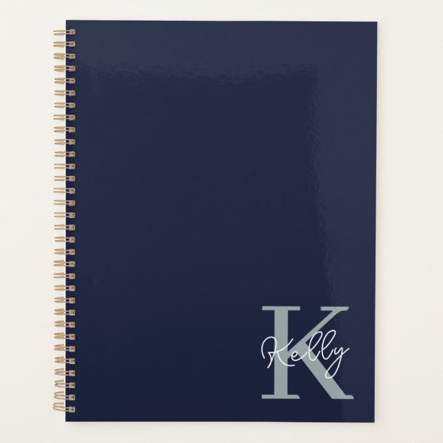 Agenda Script do Monograma Azul do Marinho Moderno (Frente)