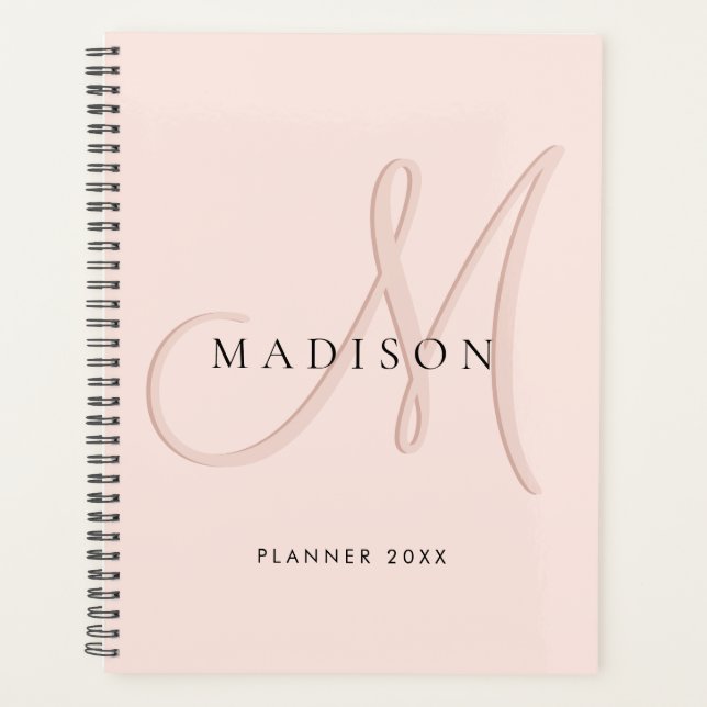 Agenda Script do Monograma Rosa-Blush do Na moda rico (Frente)