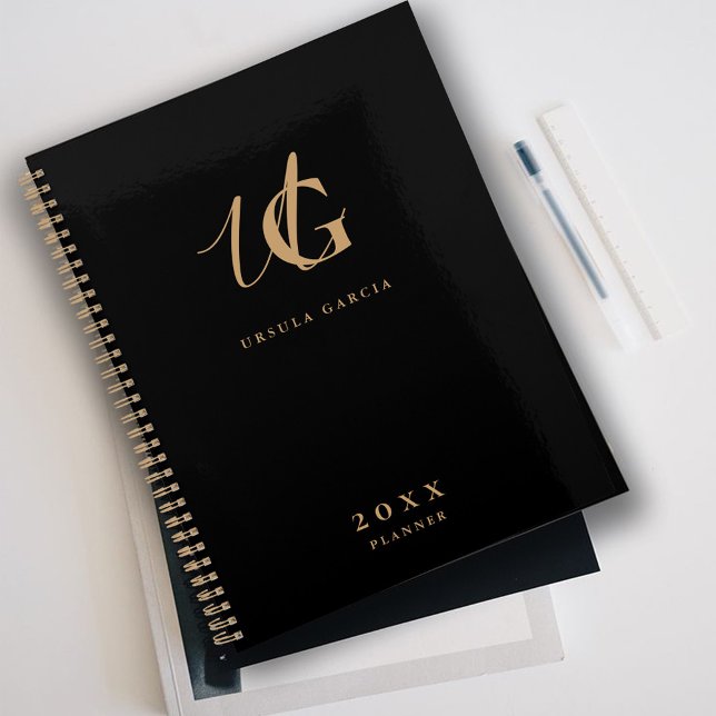 Agenda Script Dourado e preto monograma moderno (Criador carregado)