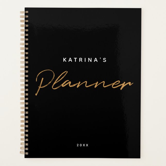 Agenda Script Dourado Mínimo Preto Moderno Personalizado  (Frente)