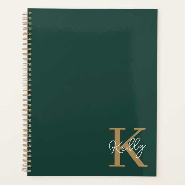 Agenda Script Dourado Monograma do Emerald Green moderno (Frente)