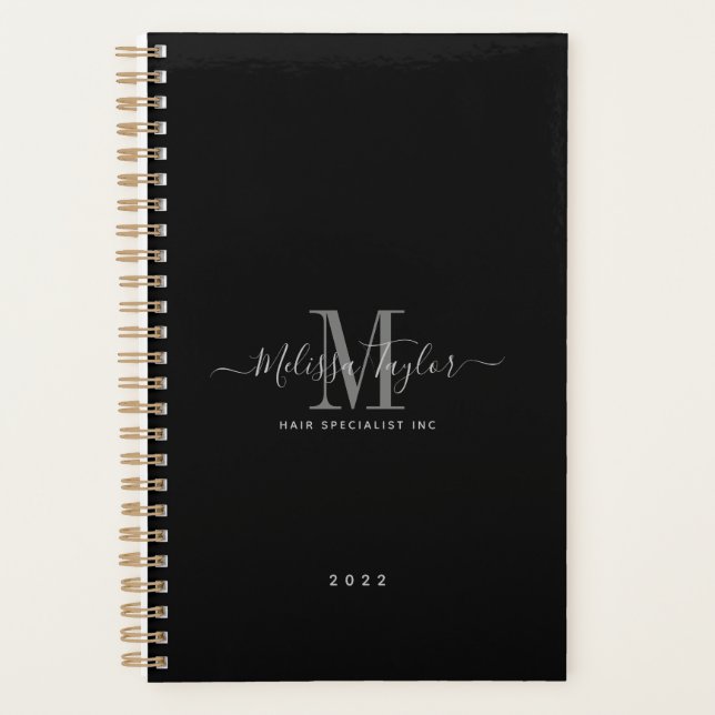 Agenda Script manuscrito preto e branco simples moderno (Frente)