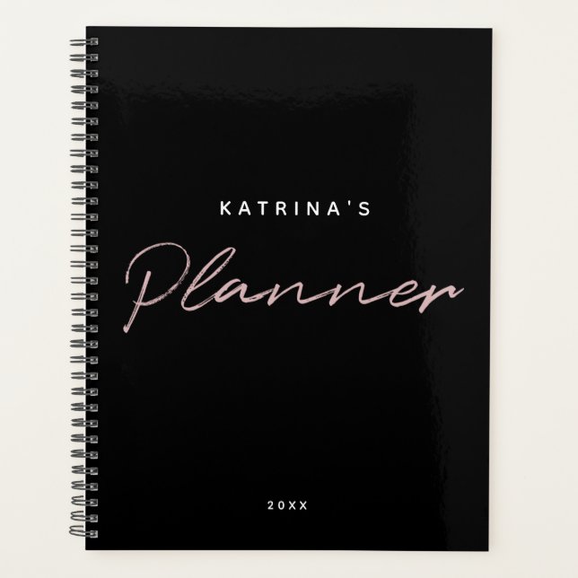 Agenda Script minimalista rosa preto personalizado (Frente)