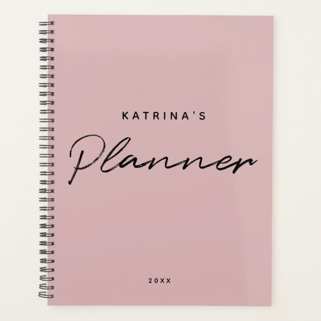 Agenda Script Mínimo Rosa Moderno Personalizado Mensalmen (Frente)
