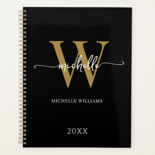 Agenda Script Moderno Elegante Monograma Preto Dourado 20
