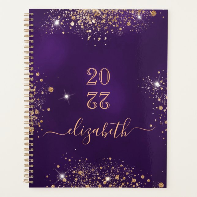 Agenda Script monograma de poeira de ouro roxo (Frente)