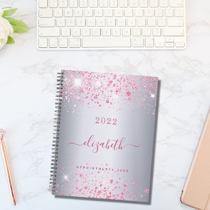 Agenda Script monograma do nome da relva rosa prateada 20